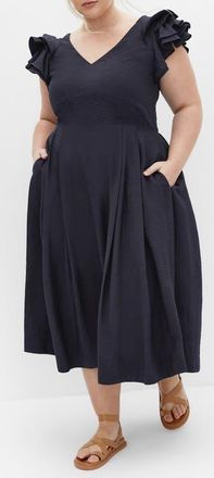 City Chic Ila Flutter Sleeve Midi Dress in Navy at Nordstrom