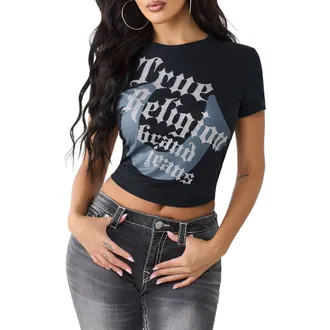 True Religion Rhinestone Graphic Stretch Cotton Baby Tee in Jet Black at Nordstrom, Size Xx-Large