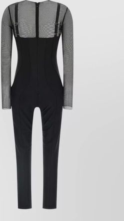 Elisabetta Franchi jersey tulle jumpsuit fitted mesh sleeves