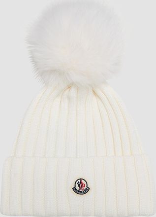 Moncler Ribbed Wool Beanie with Faux Fur Pom