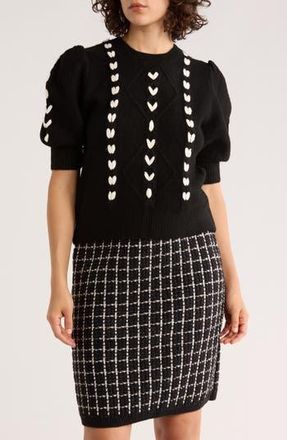 Ellen Tracy Embroidered Short Sleeve Crop Sweater in Black/Marshmallow at Nordstrom Rack, Size X-Small