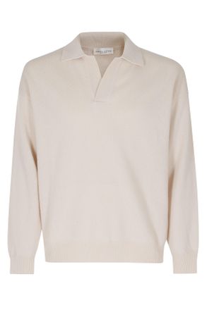 Roberto Collina Chalk Skipper-Neck Ribbed Cuffs Merino Wool Sweater