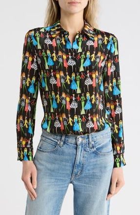 Alice & Olivia Willa Staceface Silk Button-Up Shirt in Club Stace Black at Nordstrom Rack, Size X-Small