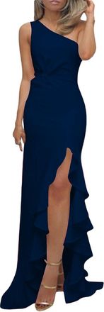 Generic Evening Dresses for Women UK Sexy One Shoulder Satin Party Dresses Ruffled Slit Floor Length Cocktail Gowns Retro Ruched Bodycon Dress Formal Wedding 