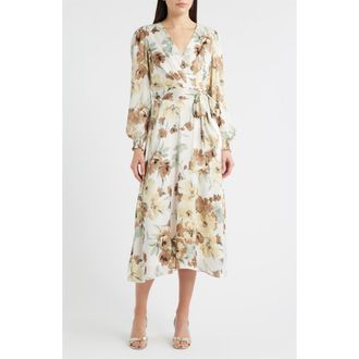 Anne Klein Floral Long Sleeve Faux Wrap Midi Dress in White Dove Multi at Nordstrom, Size 4