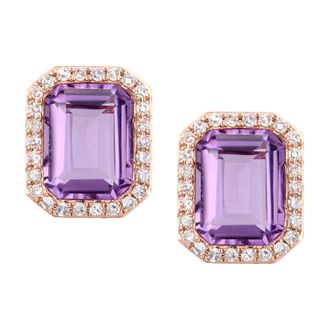 Diamant L'éternel Womens 9ct Rose Gold Diamond and Amethyst Rectangular Cut Stud Earrings - One Size