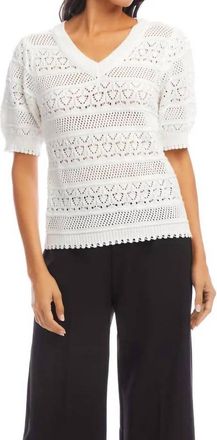Karen Kane Stevie Short Sleeve Crochet V-Neck Top In Off White