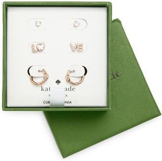 Kate Spade New York spell it out 3-pack studs and huggie hoop earrings in Clear/Rose Gold at Nordstrom Rack