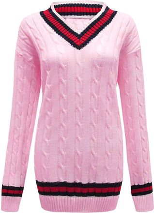Crazy Girls New Ladies V Neck Cable Knitted Cricket Jumper Womens Stretch Long Sleeve Stripe Top (24/26, Pink)