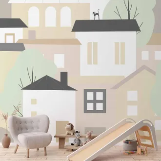 OEM Carta Da Parati Fotografica - Citt&agrave; Gialla - Periferia Cittadina Con Alberi E Gatti Per Bambini