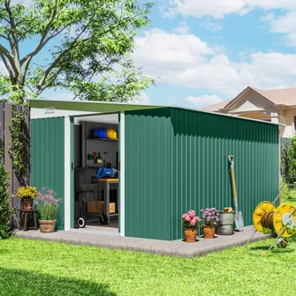 OUTSUNNY 11.3x9.2ft Steel Garden Storage Shed w/ Sliding Doors & 2 Vents in Green