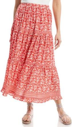 Max Studio Floral Wreath Print Tiered Cotton Blend Maxi Skirt in Washed Red Vintage Stencil at Nordstrom Rack, Size Small