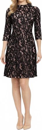 Taylor Lace Mock Neck A-Line Dress In Black/pink