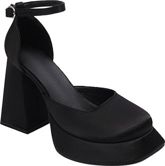 Generic Womens Round Toe Satin Bridal Shoes Ankle Strap Wedding Dress Shoes Block High Heel Platform Party Prom Pumps,Black,3.5 UK