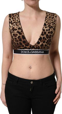 Dolce & Gabbana Womens Brown Leopard Print Cropped Silk Tank Top Elastane