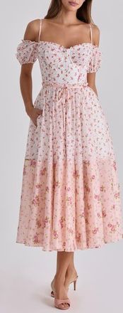 House of CB Penelope Floral Puff Sleeve Corset Chiffon Midi Dress in Pink Rose at Nordstrom, Size Medium A