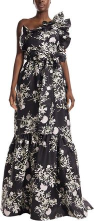 Monique Lhuillier One Shoulder Ruffle Silk Gown