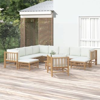 vidaXL Set De Muebles De Jard&iacute;n 12 Piezas Bamb&uacute; Y Cojines Blanco Crema Vidaxl