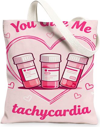 Generic Heart Pattern Peach Canvas Tote Bags, Stylish Medicine Print Reusable Grocery Bags, Cute Lightweight Washable Shoulder Stra, Peach, 13x15 Inch