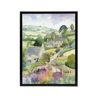 Artery8 Countryside Landscape With Cottages Framed Canvas Wall Art Print in Green | Size: W24 x H32