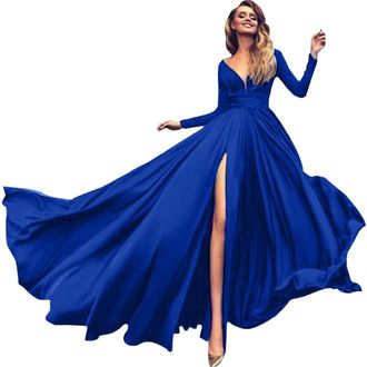 Generic Long Evening Dresses for Women UK Elegant Deep V Party Dresses Stretchy High Waist Flowy Dress A Line Swing Dresses Side Split Dresses Basiclong Sleev
