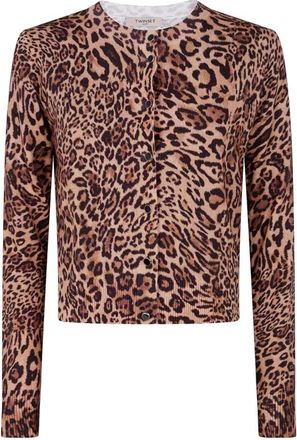 Twinset Cardigan met luipaardprint en ronde hals - Dames - Vesten - Veelkleurig - L - Truien & Vesten