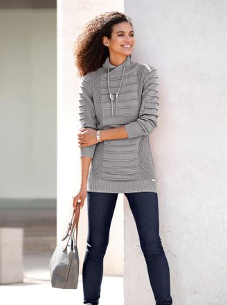 Casual Looks Longpullover CASUAL LOOKS Longpullover, Damen, Gr. 36, grau (steingrau, wei&szlig;, meliert), 50% Baumwolle, 50% Polyacryl, unifarben, Pullover Longpullover