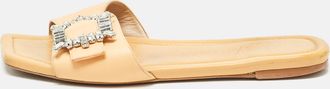 Stuart Weitzman Light Orange Leather Crystal Embellished Shine Buckle Flat Slides