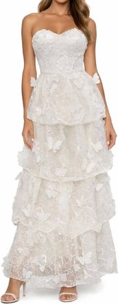 Dress The Population 3D Butterfly Strapless Tiered Gown In White