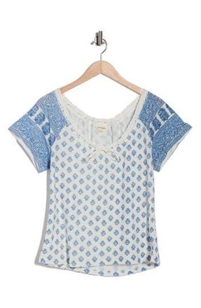 Lucky Brand Tie V-Neck Short Sleeve Top in Blue Combo at Nordstrom Rack, Size X-Large