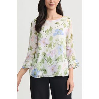 Kasper Floral Print Ruffle Sleeve Shirt in Lily White Multi at Nordstrom, Size X-Large P
