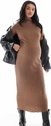 Mama Licious Mamalicious textured jersey midi dress with lettuce edges in brown