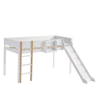 STILVORA Cama Alta 90 X 200 Cm Con Escalera De 3 Pelda&ntilde;os, Tobog&aacute;n Y Estante Extra&iacute;ble, Sin Colch&oacute;n, De Madera Y Mdf, Blanco Y Natural