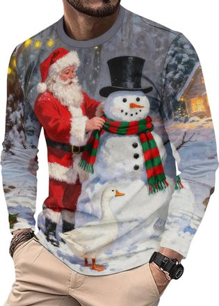 Generic Mens Christmas Long Sleeve T-Shirts Funny Xmas Holiday Printed Tops Vacation Christmas Shirt Crewneck Tees (UK, Alpha, M, Regular, Regular, Christmas3