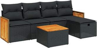 vidaXL Set De Sof&aacute;s De Jard&iacute;n 6 Piezas Y Cojines Rat&aacute;n Sint&eacute;tico Negro Vidaxl