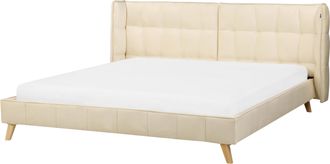Beliani Cama Tapizada En Terciopelo Beige Con Patas De Madera Clara 180 X 200 Cm Somier Con Listones Cabecero Con Alas Ajustables Senlis