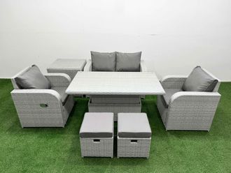 Fimous Light Grey PE Wicker Rattan Garden Furniture Set Sofa Set Reclining Chair Adjustable Lifting Dining or Coffee Table 6 Seater 2 Small Stools