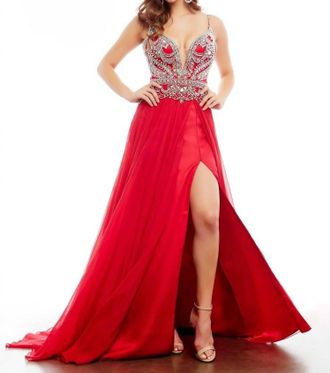 Mac Duggal Beaded Bodice Long Prom Gown In Red