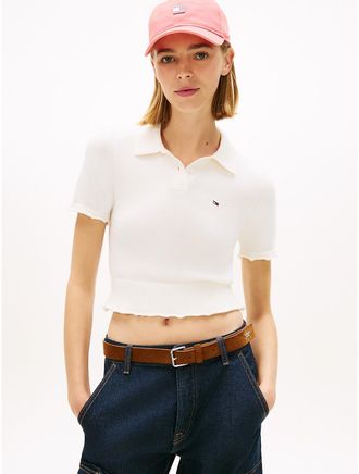 Tommy Hilfiger Womens Tommy Jeans Lettuce-Trim Sweater Polo - White - XL