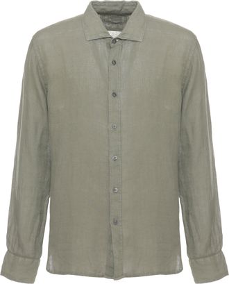 120% Lino Army Green Cotton Casual Shirt