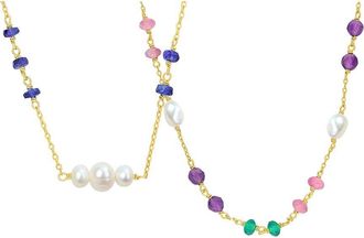 Rina Limor 2Pc Silver 7.15 Ct. Tw. Amethyst, Green Onyx, Pink Tourmaline, Blue Sapphire & 4-6.5 Mm Pearl Beads Necklace Set