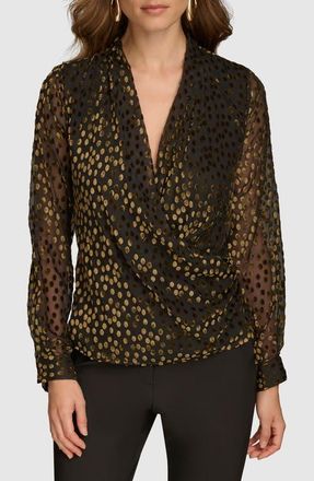 DKNY Burnout Velvet Dot Wrap Front Top in Black/Gold at Nordstrom, Size X-Large