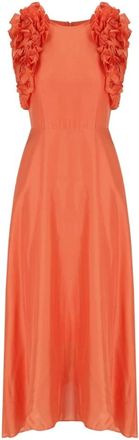 Essentiel Kleedjes, Dames, Oranje, S, Koraalzijden Midi Jurk met Ruches