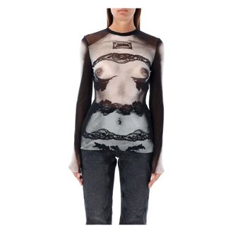 Jean Paul Gaultier Tops, Dames, Veelkleurig, S, Mesh Trompe-loeil Top Zwart Grijs Wit
