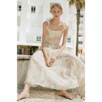 H&M Lace-trimmed Lyocell-blend Skirt in Light Yellow/Floral at Nordstrom, Size Medium