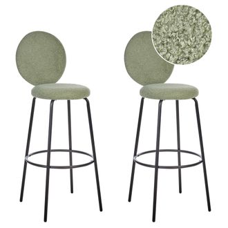 Beliani Conjunto De 2 Sillas De Bar De Boucl&eacute; Patas De Acero Negro Respaldo Redondo Patas De Tapas Comedor Verde Claro Emery
