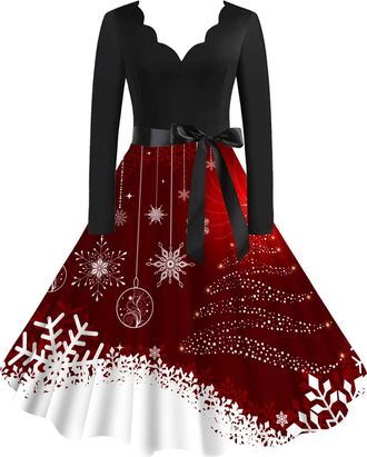 Generic Womens Christmas Dresses Ladies Sexy Xmas Novelty Dresses Jumper Dress Christmas Jumpers for Women Multi Colored Vintage Printed Holiday V Neck Long S