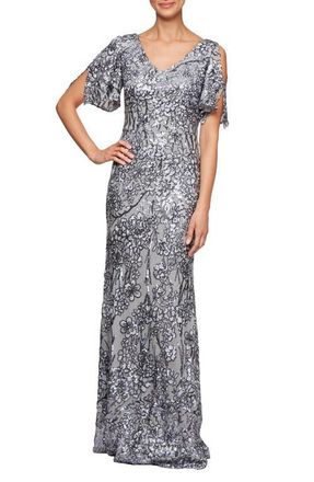 Alex Evenings Sequin Lace Cold Shoulder Trumpet Evening Gown in Silver at Nordstrom, Size 10P