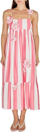 English Factory Striped Appliqu Midi Dress in Guava/white at Nordstrom, Size X-Small