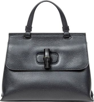 Gucci Black Grained Calfskin Leather Small Bamboo Daily Top Handle (Authentic Pre-Loved)